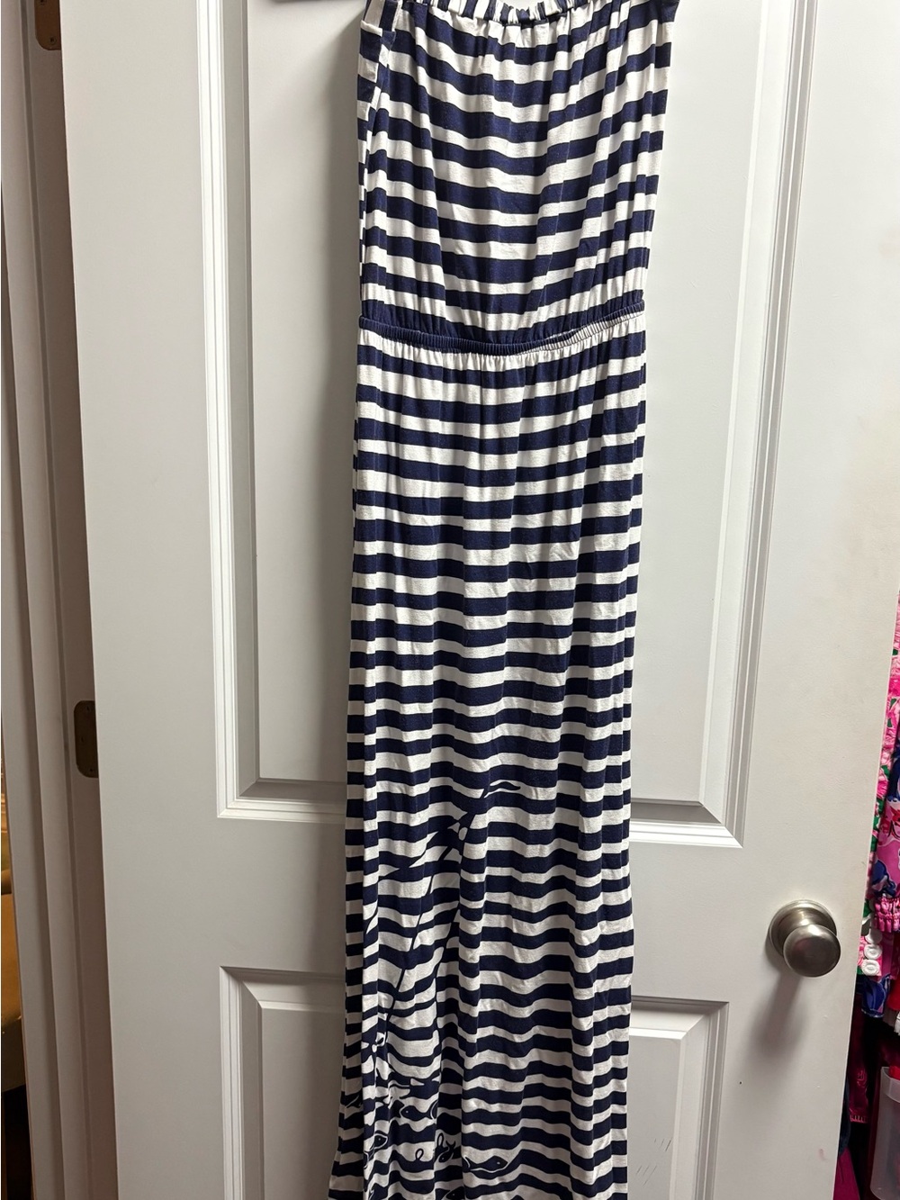 Lilly Pulitzer Navy and White Striped Maxi Skirt with Sailboat Print